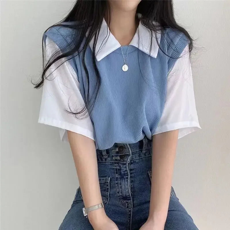 Color Block Polo Collar Top for Women - Casual Chiffon Tee