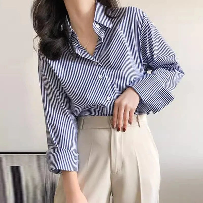Striped Casual Blouse for Women - Long Sleeve Polyester