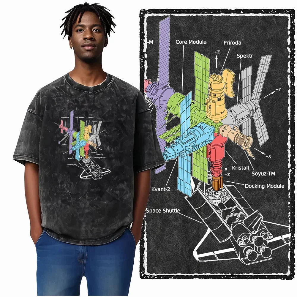 Printed Cotton Acid Washed Astronaut T-Shirt for Men