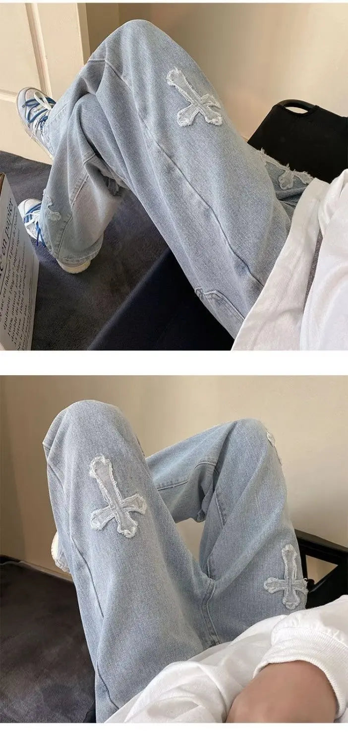 Y2K Embroidered Straight Denim Jeans for Men