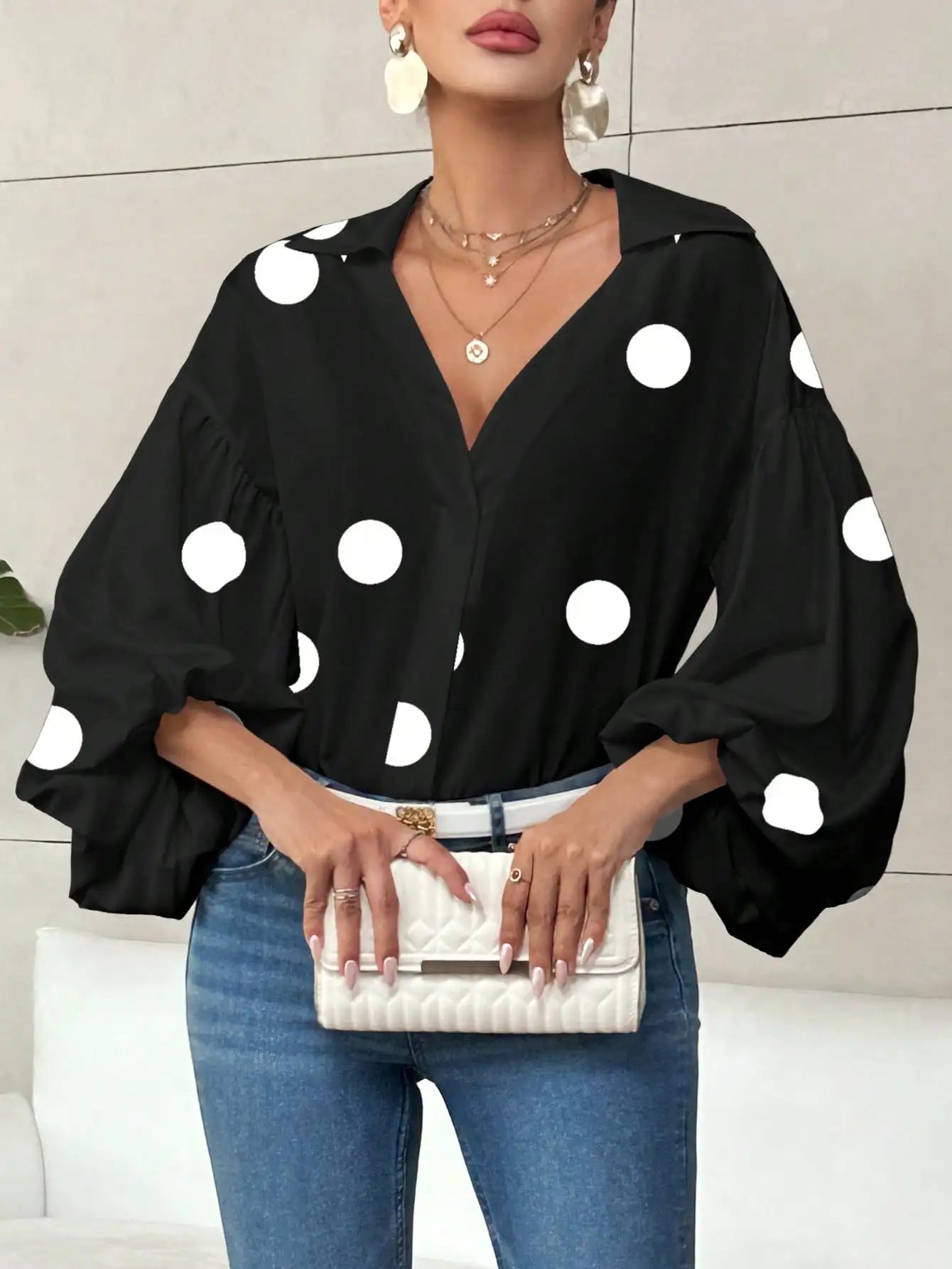 Polka Dot V-Neck Blouse with Lantern Sleeves for Women