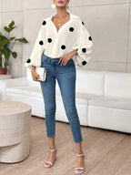 Polka Dot V-Neck Blouse with Lantern Sleeves for Women