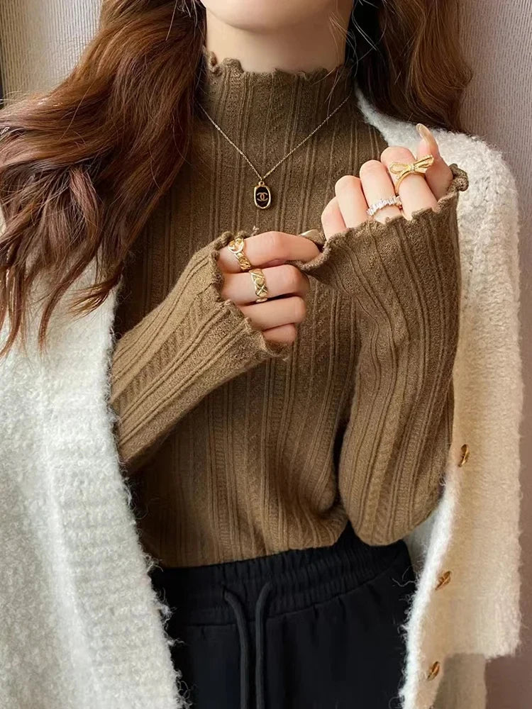 Women's Ruffled Pullover Sweater - Autumn Knitted Top