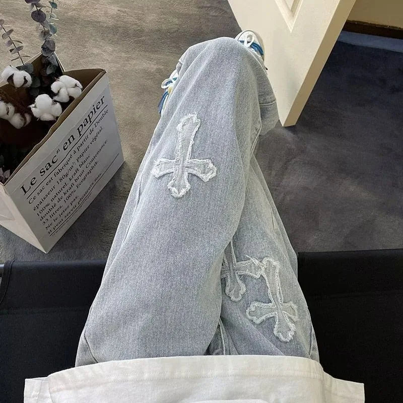 Y2K Embroidered Straight Denim Jeans for Men