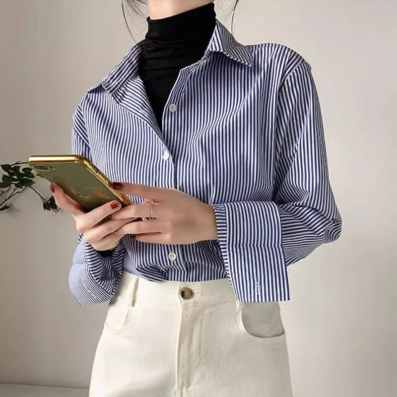 Striped Casual Blouse for Women - Long Sleeve Polyester