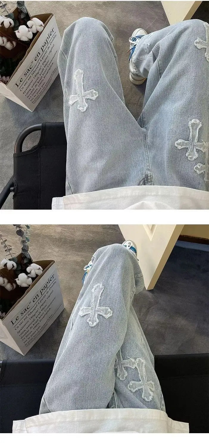 Y2K Embroidered Straight Denim Jeans for Men