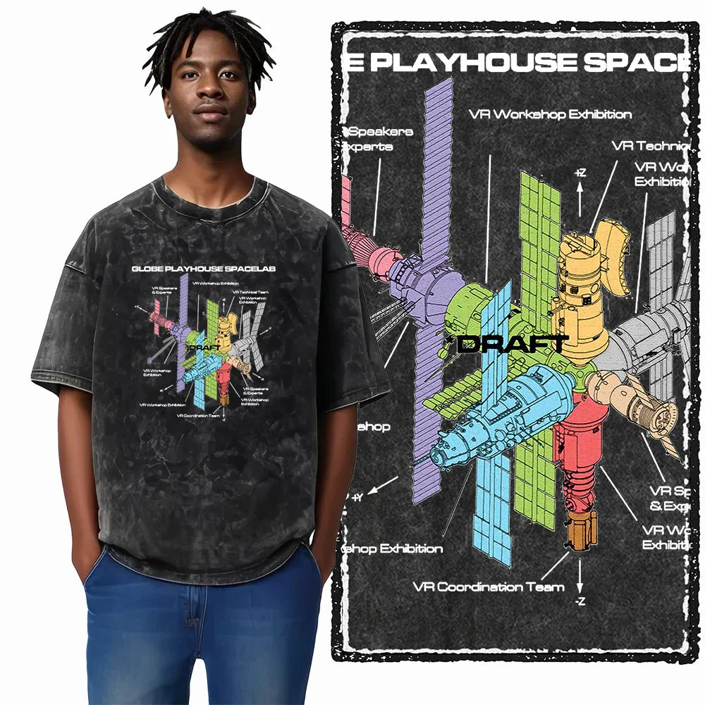 Printed Cotton Acid Washed Astronaut T-Shirt for Men