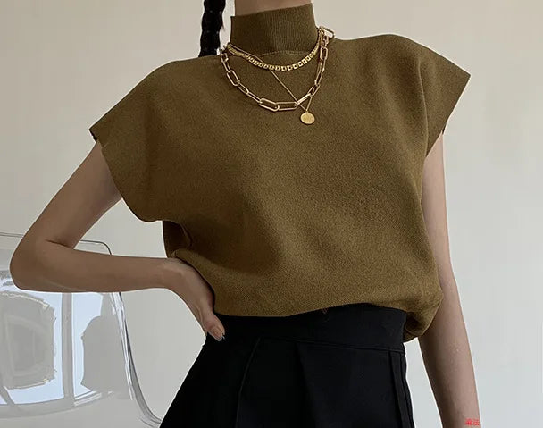Mock Neck Solid Knit Vest for Office Ladies