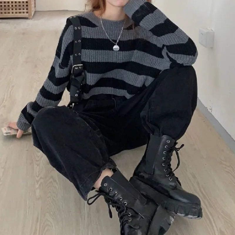 Korean Striped Cropped Knit Sweater for Women - Vintage Style