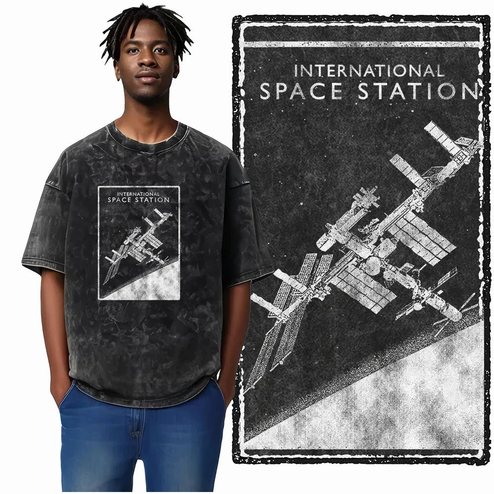 Printed Cotton Acid Washed Astronaut T-Shirt for Men