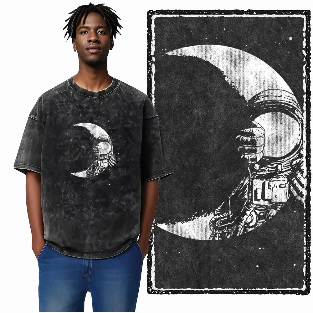Printed Cotton Acid Washed Astronaut T-Shirt for Men
