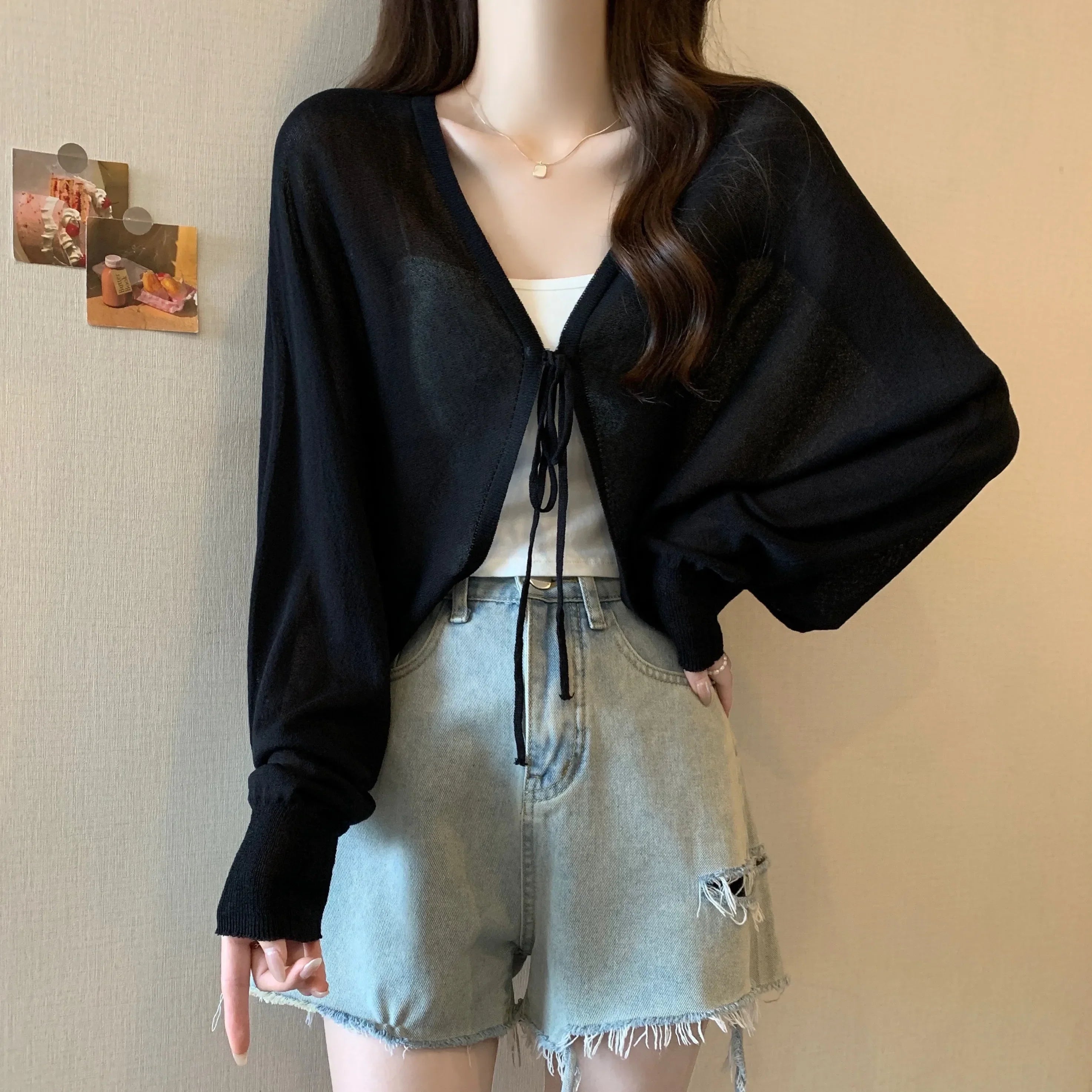 Black Ice Silk Summer Cardigan for Women - Large Size