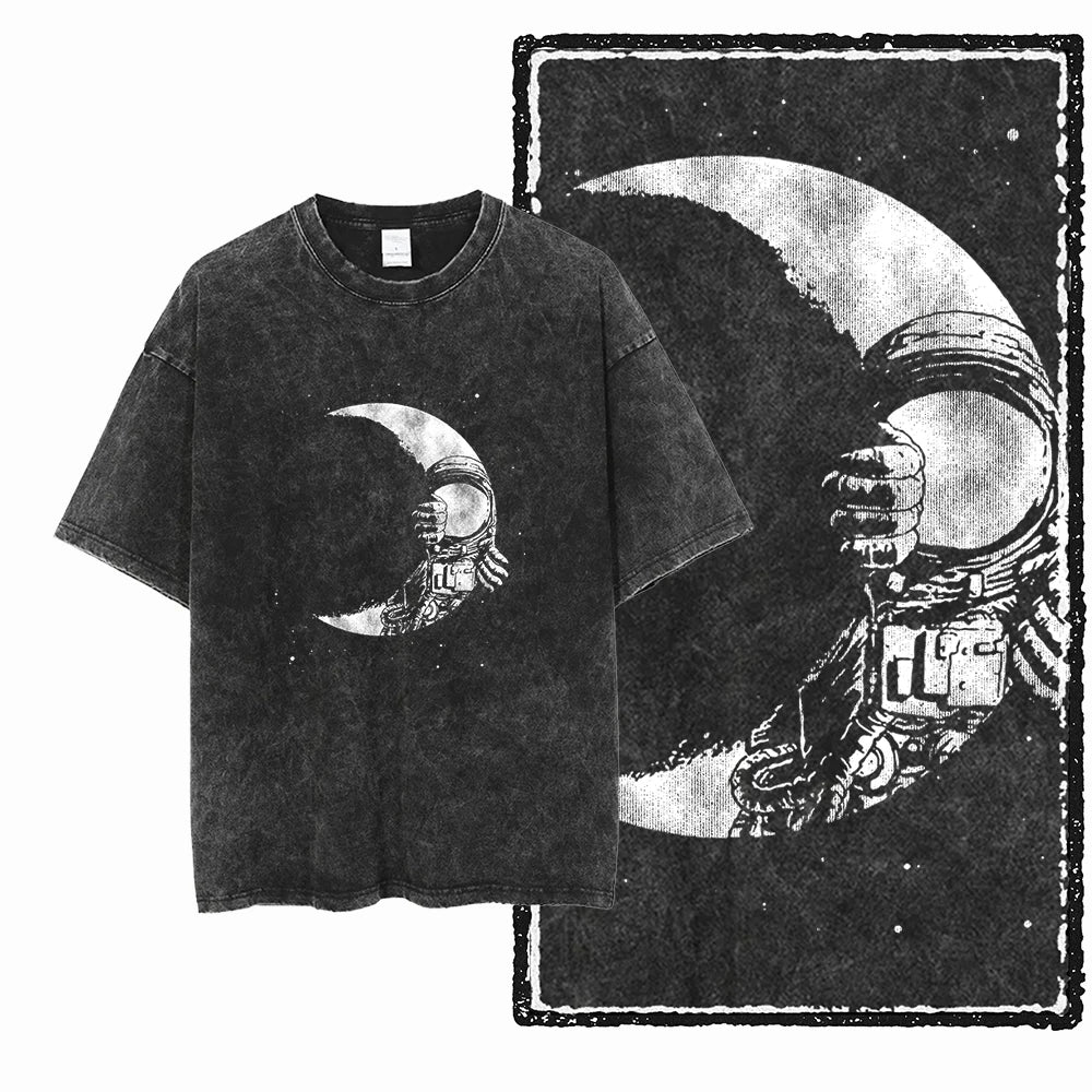 Printed Cotton Acid Washed Astronaut T-Shirt for Men