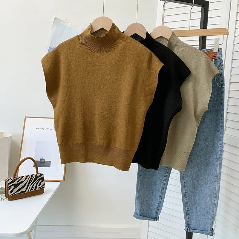 Mock Neck Solid Knit Vest for Office Ladies