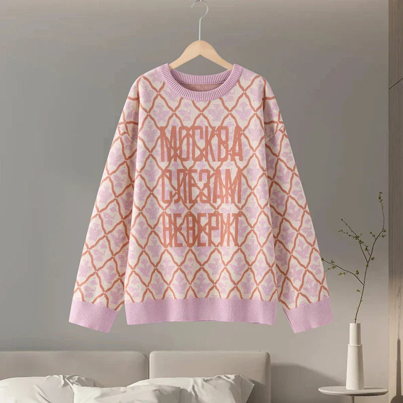 Oversized Letter Jacquard Knit Pullover for Women