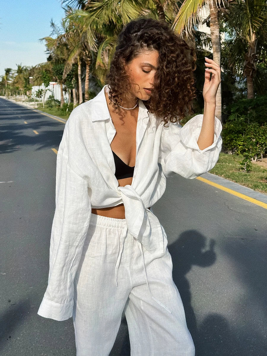 Chic Women's Cotton-Linen Two-Piece Set for Office Wear