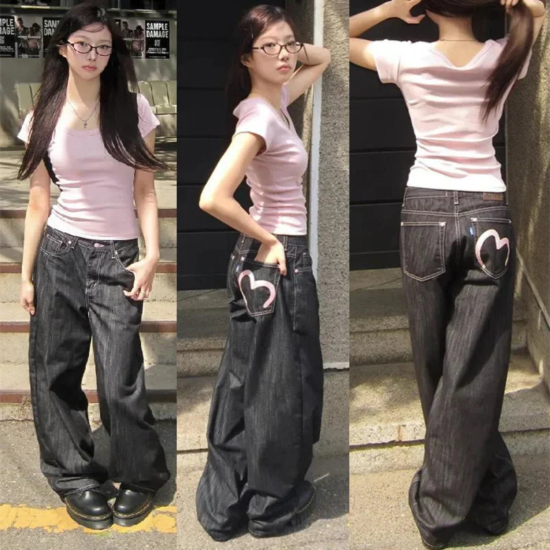 Y2K Wide Fit Women's Baggy Denim Jeans in Light Plaid