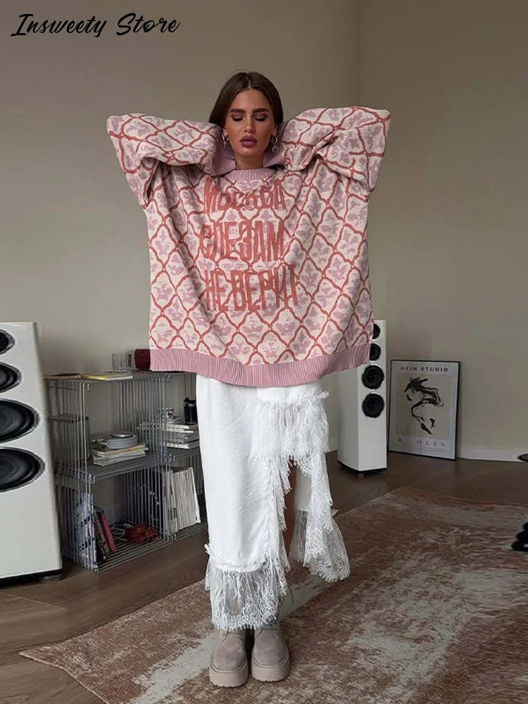 Oversized Letter Jacquard Knit Pullover for Women