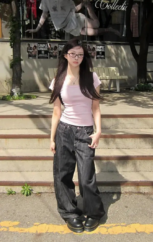 Y2K Wide Fit Women's Baggy Denim Jeans in Light Plaid