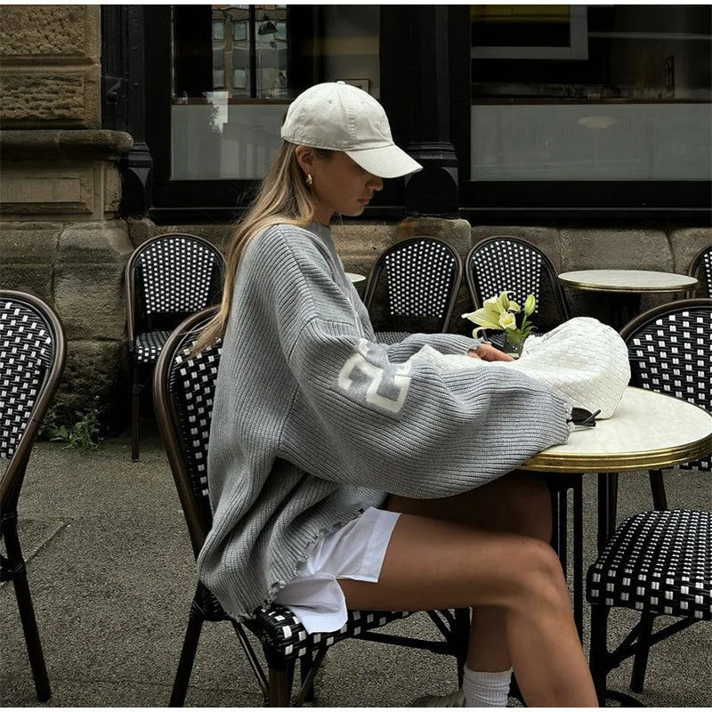 Oversized Letter Jacquard Knit Pullover for Women