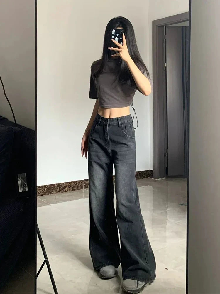 Y2K High Waist Baggy Women's Jeans in Black Gray