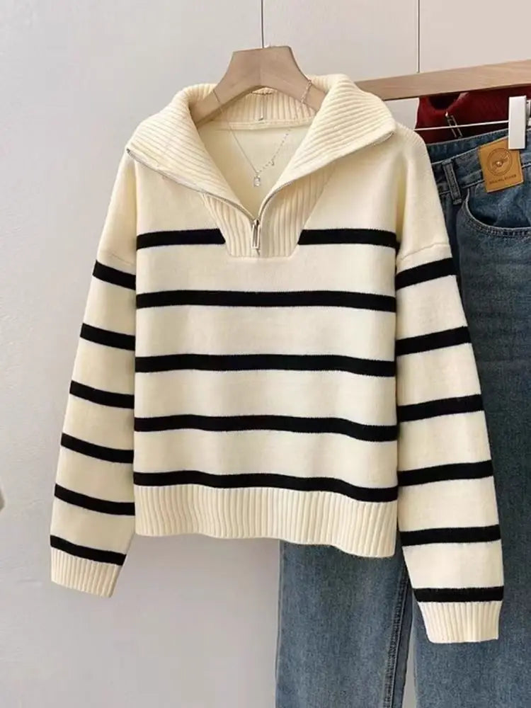 Women’s Zipper Striped Pullover Sweater - MEKG