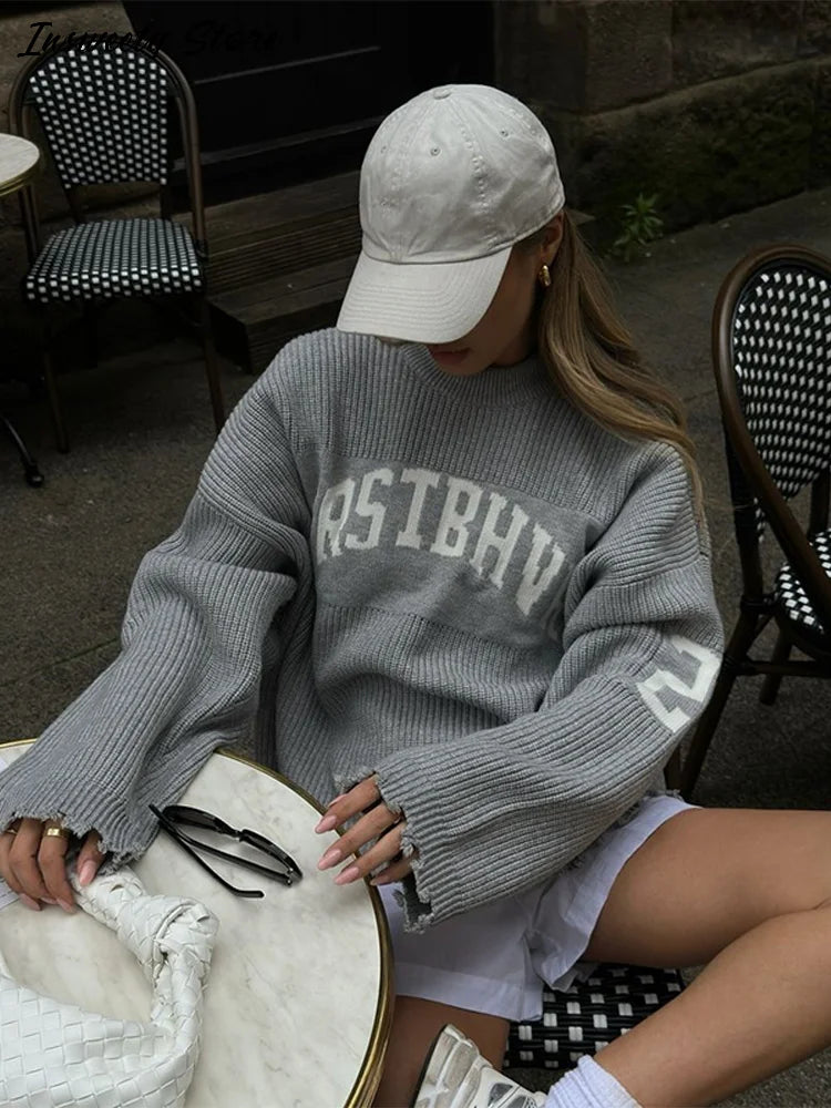 Oversized Letter Jacquard Knit Pullover for Women