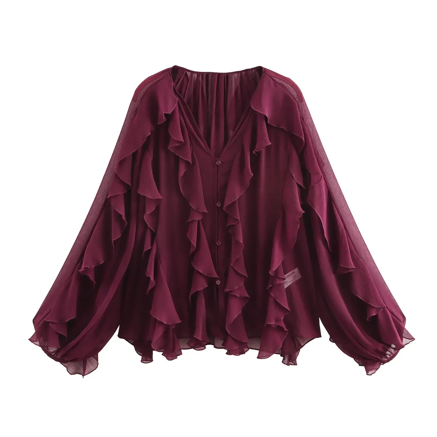Elegant Women's V-neck Chiffon Blouse with Ruffles