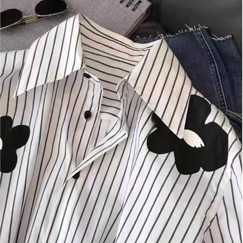 White Striped Long Sleeve Blouse for Office Women