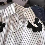 White Striped Long Sleeve Blouse for Office Women