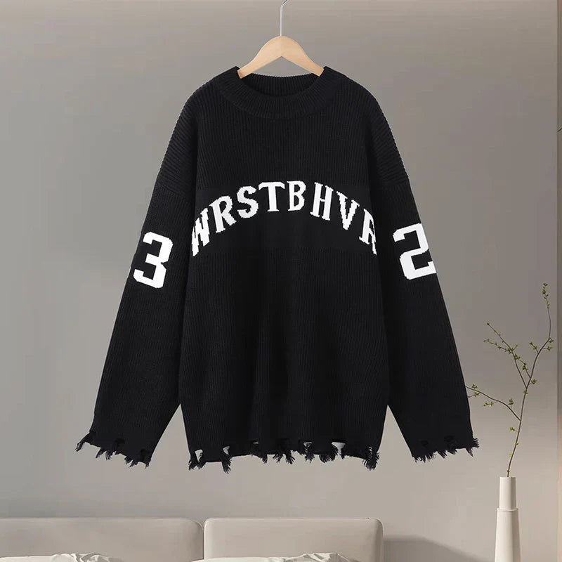 Oversized Letter Jacquard Knit Pullover for Women