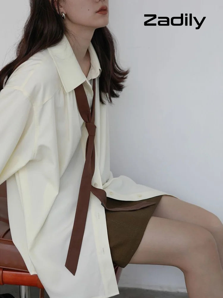Korean Oversized Blouse with Detachable Tie for Women