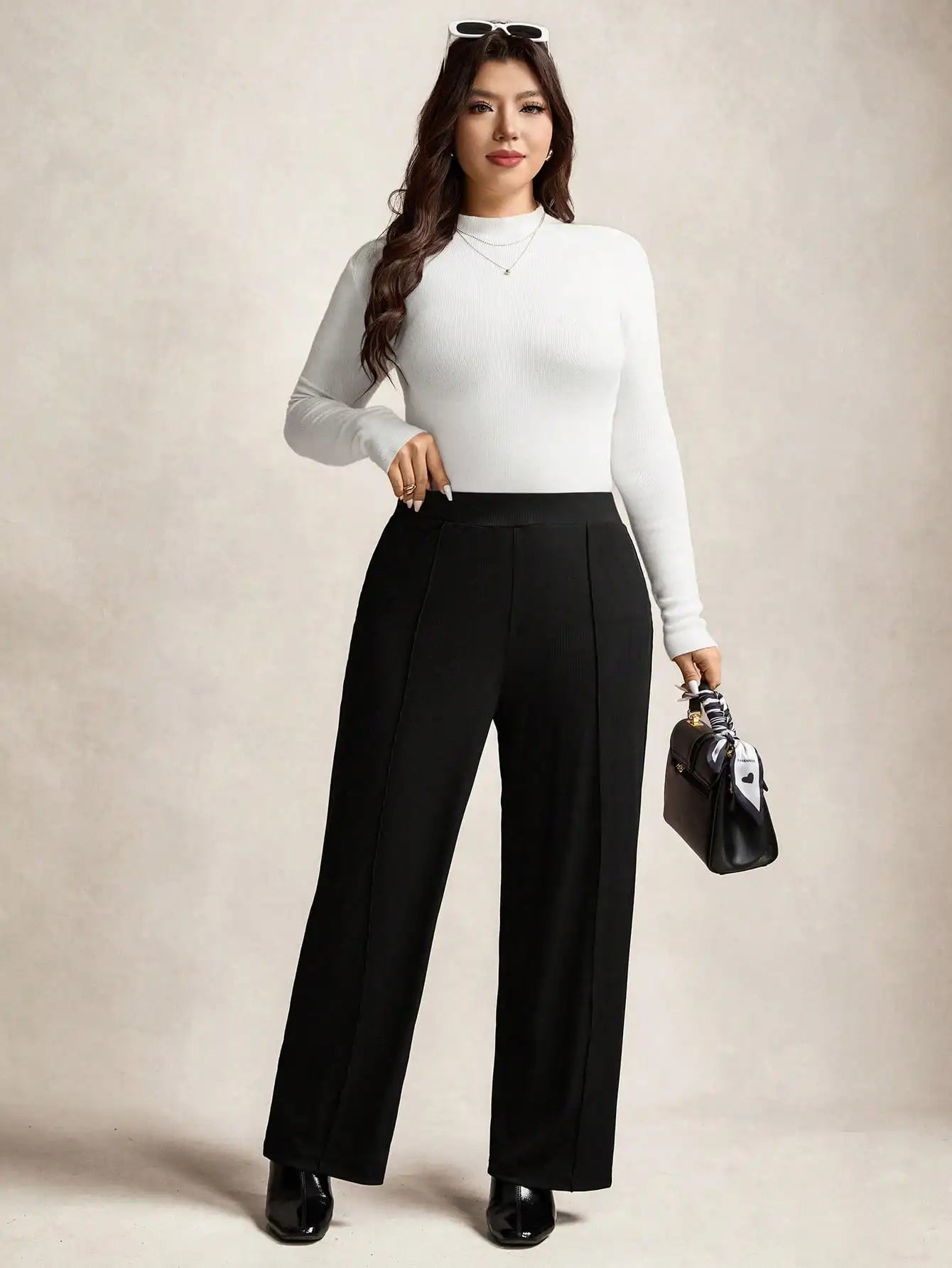 High Waisted Pleated Wide Leg Pants for Women - Black