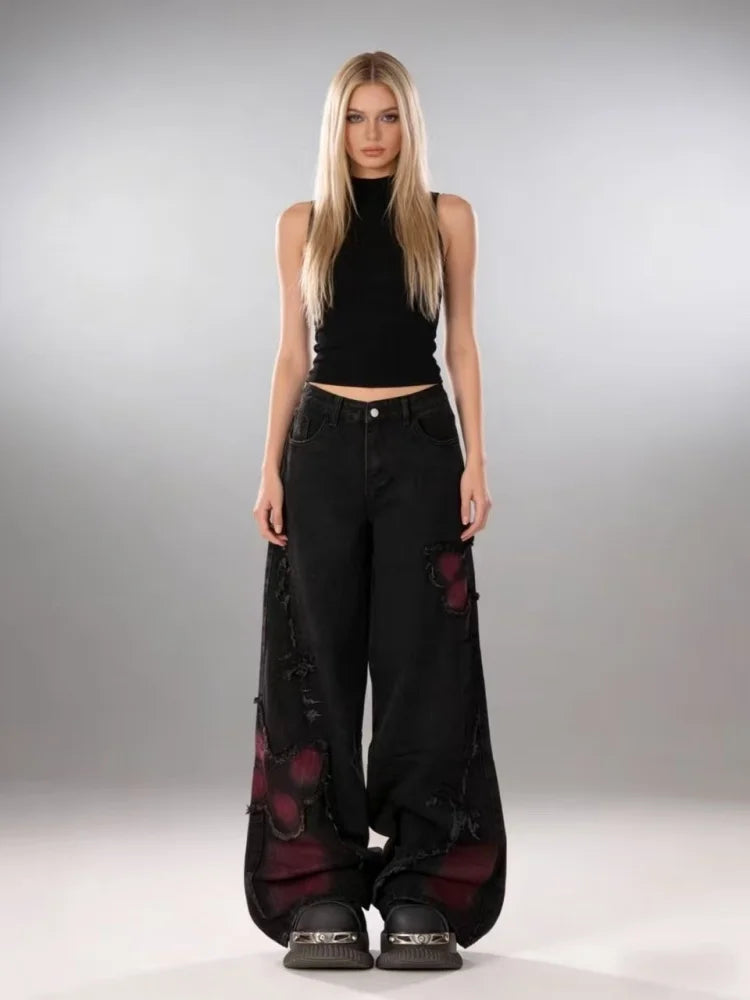 Women's Vintage Baggy Butterfly Jeans in Black