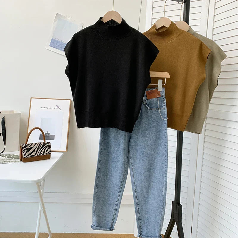 Mock Neck Solid Knit Vest for Office Ladies