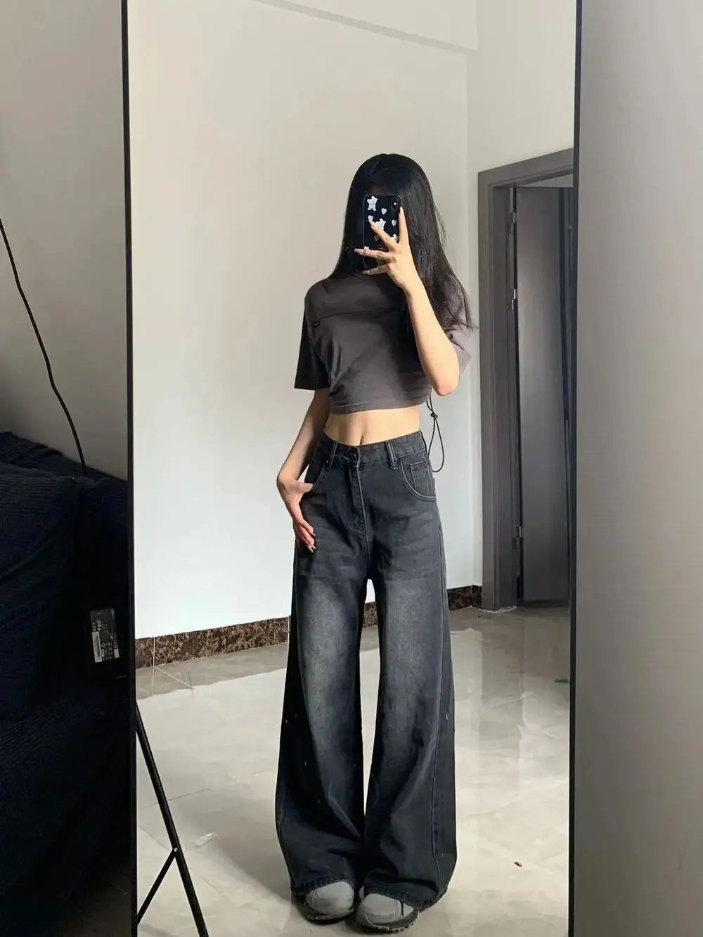Y2K High Waist Baggy Women's Jeans in Black Gray