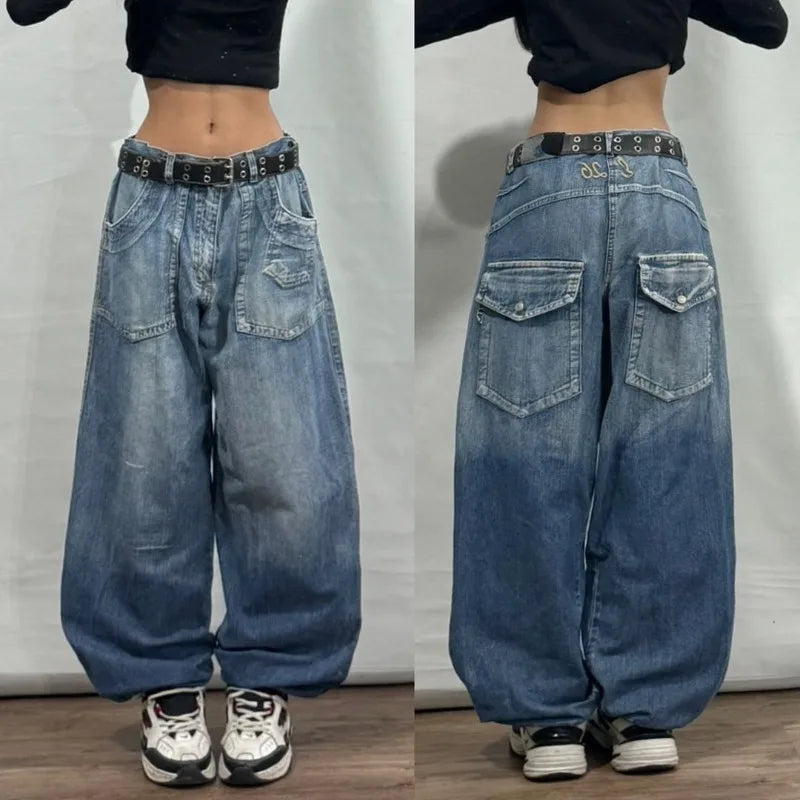 Geometric Pattern Embroidered Wide-leg Jeans for Women