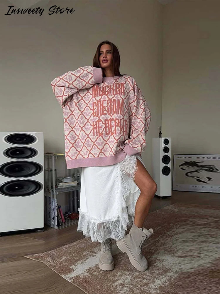 Oversized Letter Jacquard Knit Pullover for Women