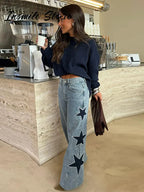 Blue High Waist Wide Leg Jeans for Women