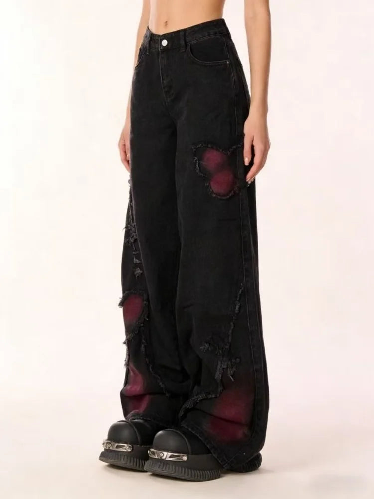 Women's Vintage Baggy Butterfly Jeans in Black