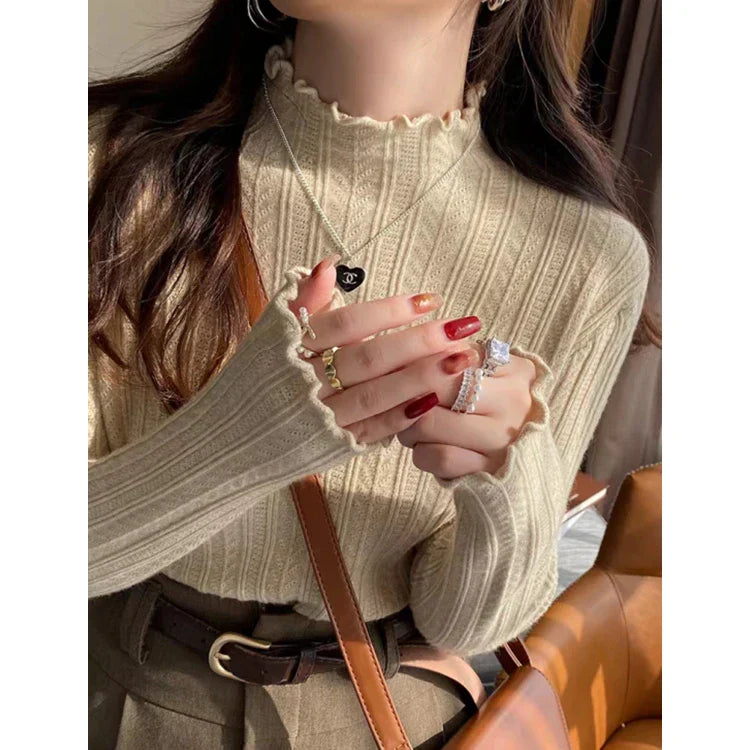 Women's Ruffled Pullover Sweater - Autumn Knitted Top