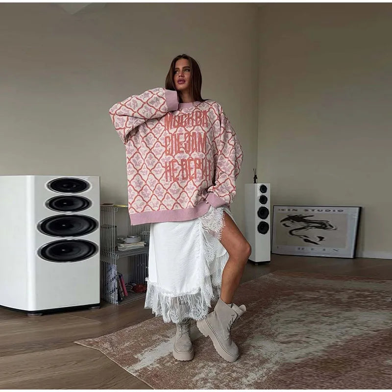 Oversized Letter Jacquard Knit Pullover for Women