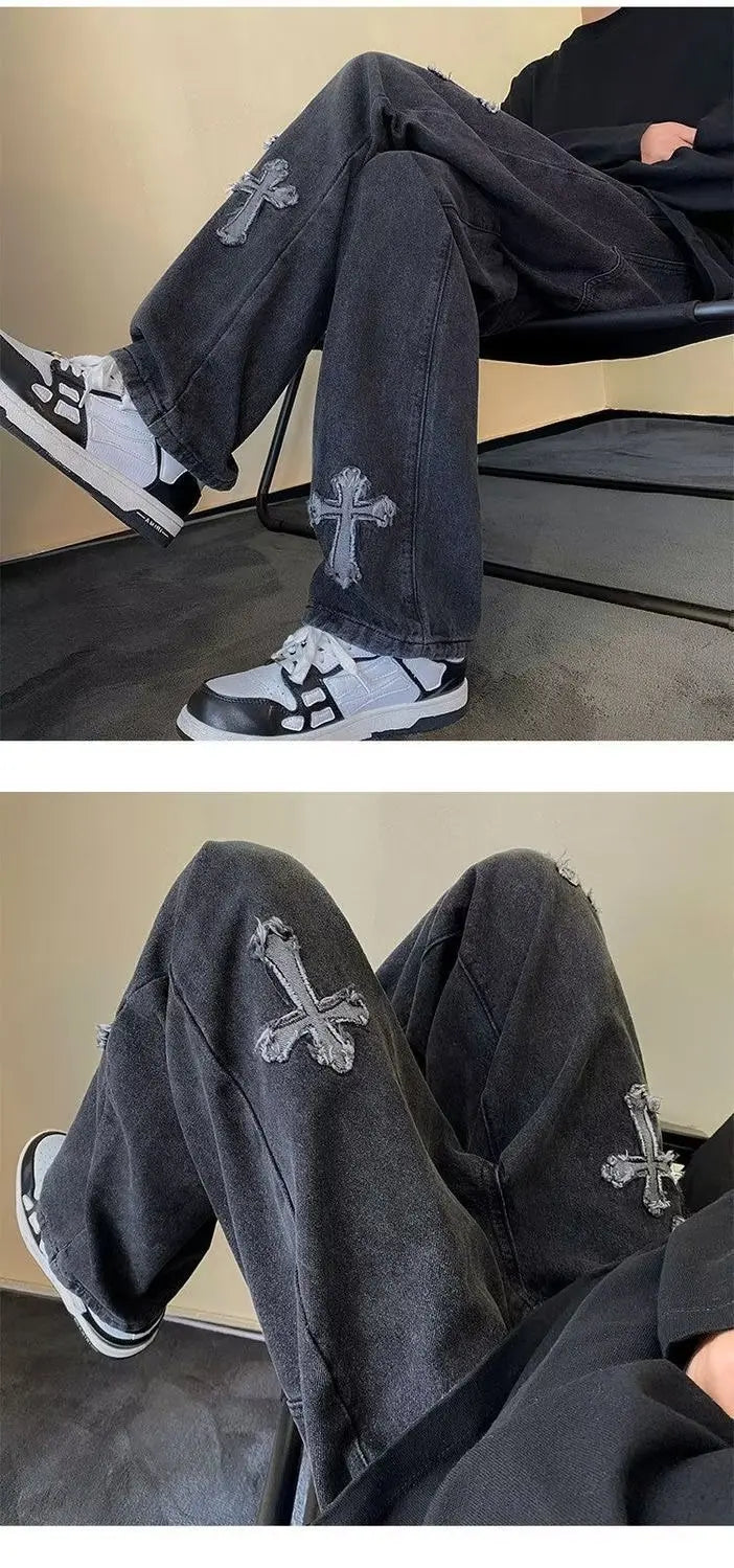 Y2K Embroidered Straight Denim Jeans for Men