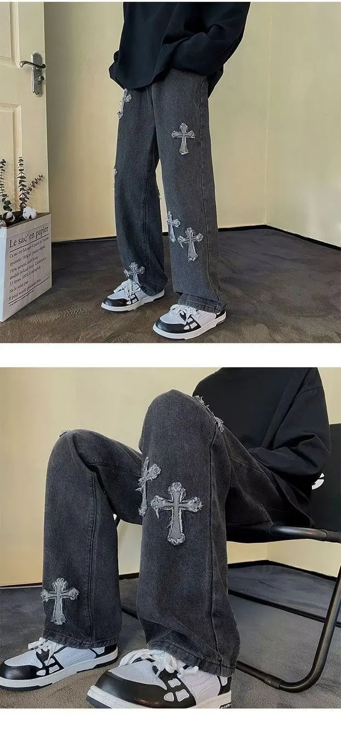 Y2K Embroidered Straight Denim Jeans for Men