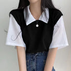 Color Block Polo Collar Top for Women - Casual Chiffon Tee