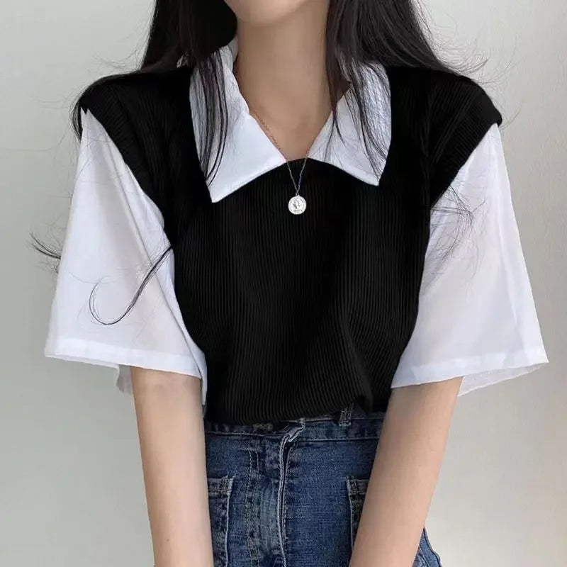 Color Block Polo Collar Top for Women - Casual Chiffon Tee