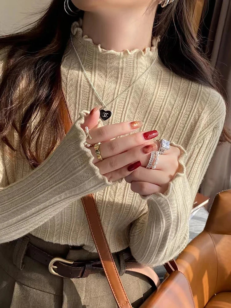 Women's Ruffled Pullover Sweater - Autumn Knitted Top