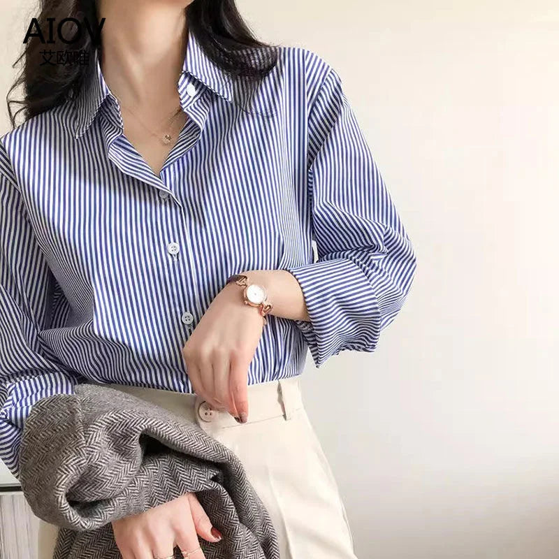 Striped Casual Blouse for Women - Long Sleeve Polyester