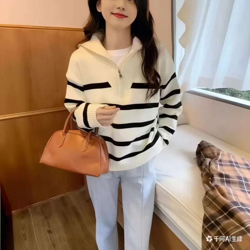 Women’s Zipper Striped Pullover Sweater - MEKG