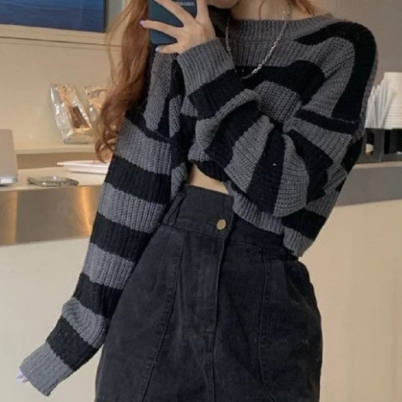 Korean Striped Cropped Knit Sweater for Women - Vintage Style